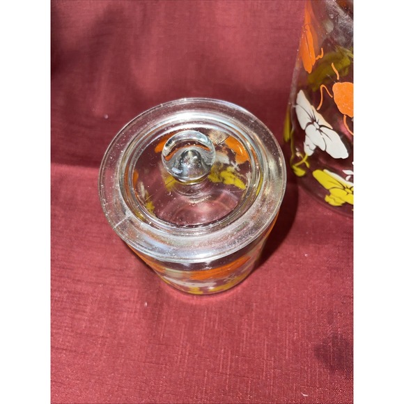 Pair Anchor Hocking Glass Jar Canisters Orange Yellow White Morning Glories 2 - Picture 7 of 7